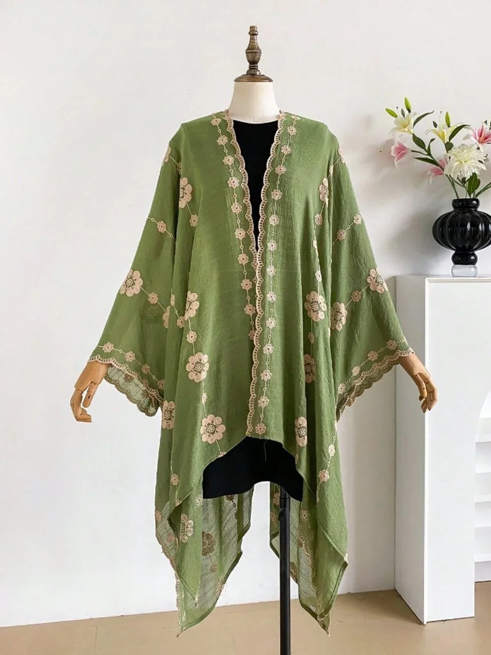 Green Elegant Bohemian Women's Floral Embroidered Kimono Sarong Cover-Up